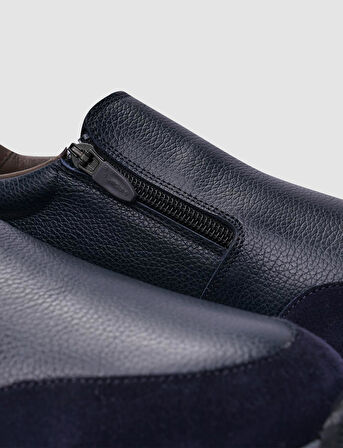 %100 Hakiki Deri Lacivert Fermuarlı Erkek Sneaker