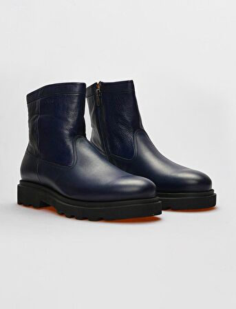 Hakiki Deri Lacivert Fermuarlı Erkek Günlük Bot