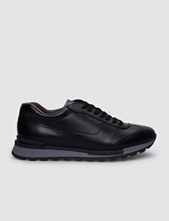 %100 Hakiki Deri Siyah Bağcıklı Erkek Sneaker