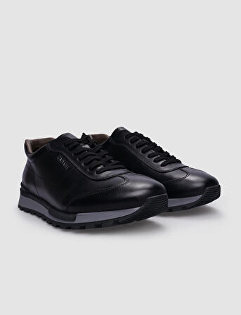 %100 Hakiki Deri Siyah Bağcıklı Erkek Sneaker