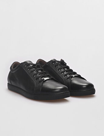 Hakiki Deri Siyah Bağcıklı Erkek Sneaker Ayakkabı