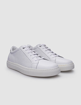 %100 Hakiki Deri Beyaz Bağcıklı Desenli Erkek Sneaker