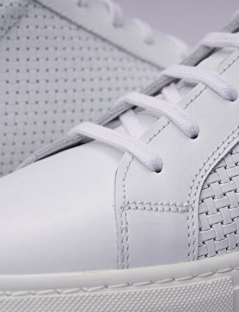 %100 Hakiki Deri Beyaz Bağcıklı Desenli Erkek Sneaker