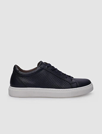 %100 Hakiki Deri Lacivert Bağcıklı Desenli Erkek Sneaker