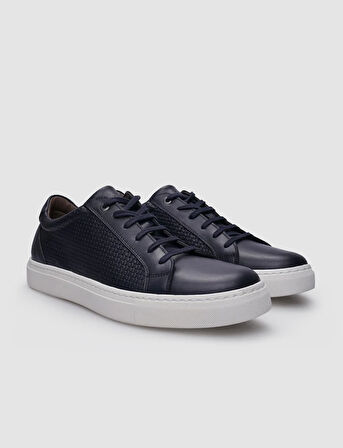 %100 Hakiki Deri Lacivert Bağcıklı Desenli Erkek Sneaker