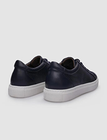 %100 Hakiki Deri Lacivert Bağcıklı Desenli Erkek Sneaker