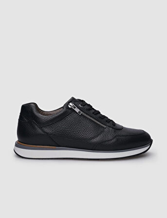 %100 Hakiki Deri Siyah Bağcıklı ve Fermuarlı Erkek Sneaker