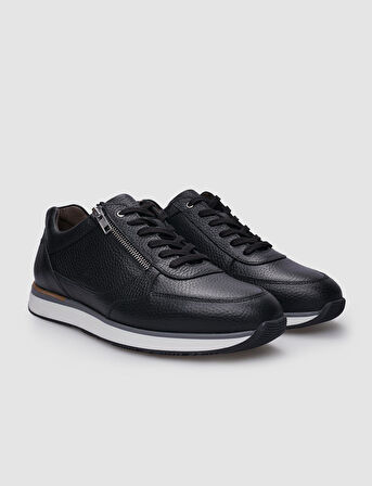 %100 Hakiki Deri Siyah Bağcıklı ve Fermuarlı Erkek Sneaker