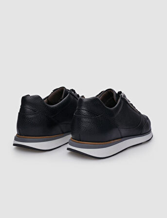 %100 Hakiki Deri Siyah Bağcıklı ve Fermuarlı Erkek Sneaker