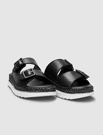 %100 Hakiki Deri Siyah Çift Tokalı Kadın Terlik