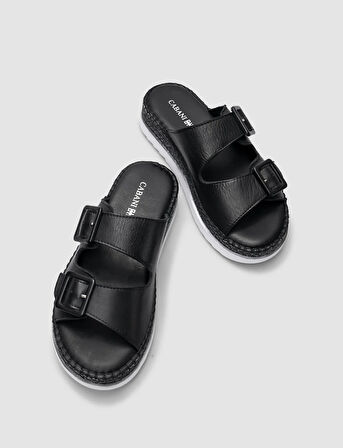 %100 Hakiki Deri Siyah Çift Tokalı Kadın Terlik