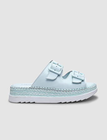 %100 Hakiki Deri Mavi Çift Tokalı Kadın Terlik