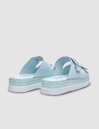 %100 Hakiki Deri Mavi Çift Tokalı Kadın Terlik