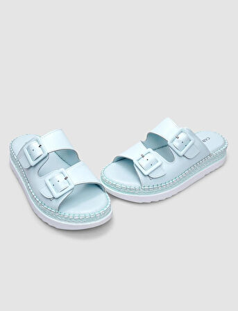 %100 Hakiki Deri Mavi Çift Tokalı Kadın Terlik