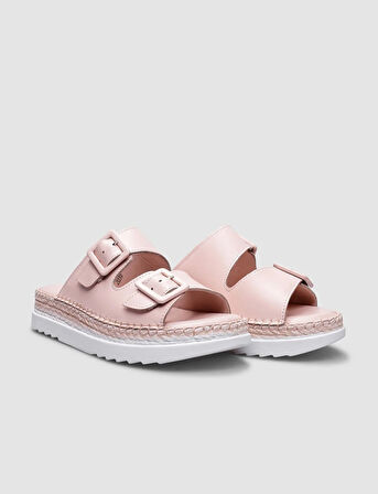 	%100 Hakiki Deri Pudra Çift Tokalı Kadın Terlik