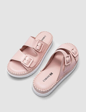 	%100 Hakiki Deri Pudra Çift Tokalı Kadın Terlik