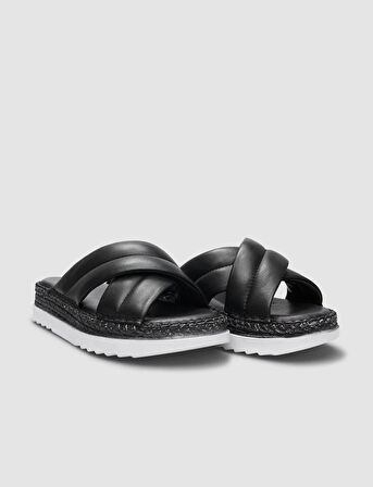 %100 Hakiki Deri Siyah Çapraz Bantlı Kadın Terlik