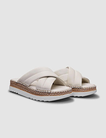 %100 Hakiki Deri Bej Çapraz Bantlı Kadın Terlik