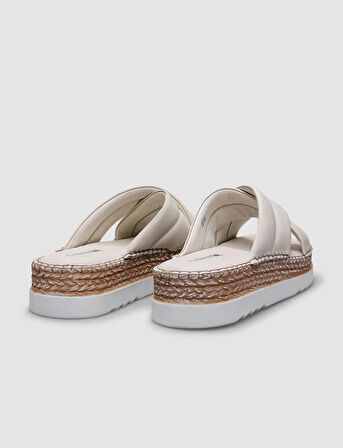 %100 Hakiki Deri Bej Çapraz Bantlı Kadın Terlik