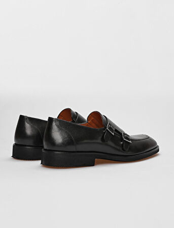 Hakiki Deri Siyah Çift Tokalı Erkek Klasik Ayakkabı