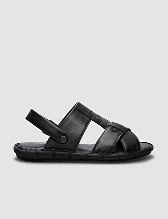 %100 Hakiki Deri Siyah Erkek Günlük Sandalet
