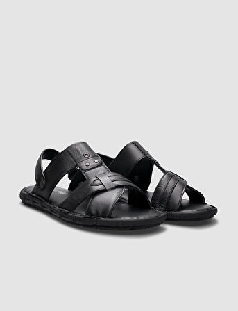 %100 Hakiki Deri Siyah Erkek Günlük Sandalet