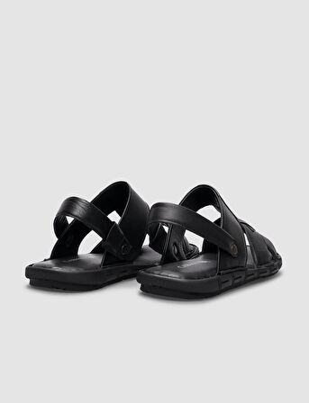 %100 Hakiki Deri Siyah Erkek Günlük Sandalet