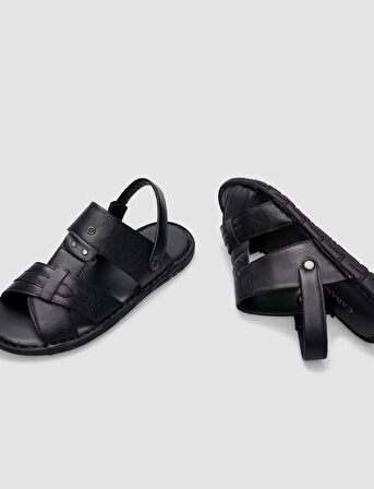 %100 Hakiki Deri Siyah Erkek Günlük Sandalet