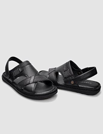 %100 Hakiki Deri Siyah Erkek Günlük Sandalet