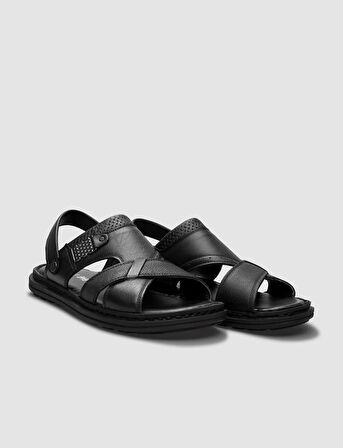 %100 Hakiki Deri Siyah Erkek Günlük Sandalet