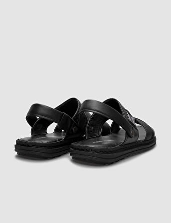 %100 Hakiki Deri Siyah Erkek Günlük Sandalet