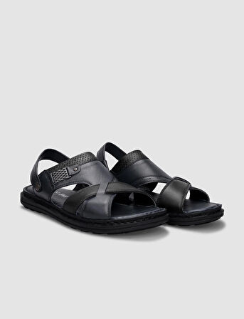 %100 Hakiki Deri Lacivert Erkek Günlük Sandalet