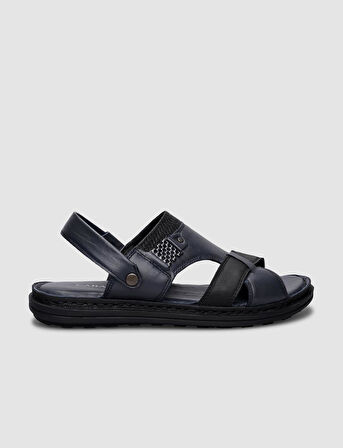 %100 Hakiki Deri Lacivert Erkek Günlük Sandalet