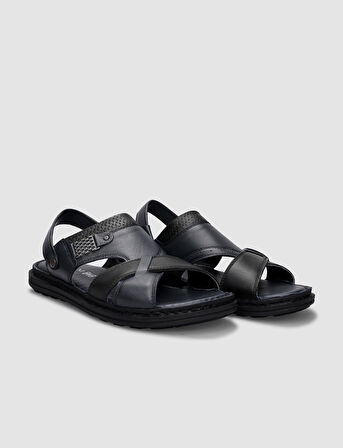 %100 Hakiki Deri Lacivert Erkek Günlük Sandalet