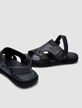 %100 Hakiki Deri Lacivert Erkek Günlük Sandalet