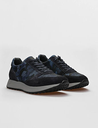 Hakiki Deri Lacivert Kamuflaj Bağcıklı Erkek Spor Ayakkabı