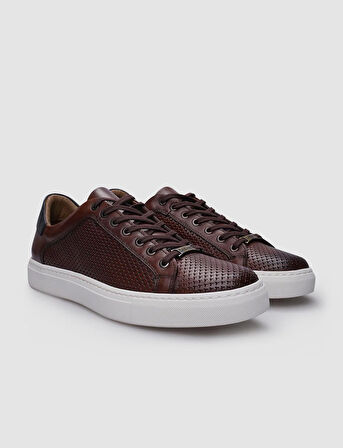 %100 Hakiki Deri Kahverengi Bağcıklı Desenli Erkek Sneaker