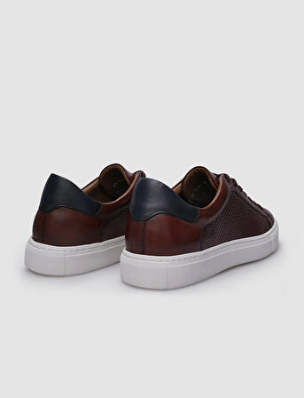 %100 Hakiki Deri Kahverengi Bağcıklı Desenli Erkek Sneaker
