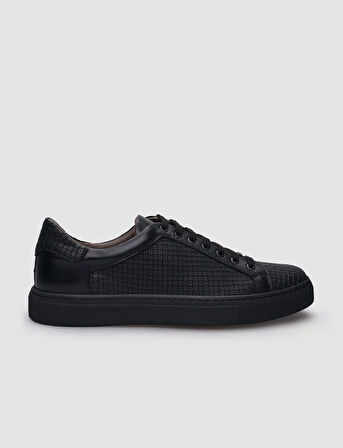 %100 Hakiki Deri Siyah Bağcıklı Desenli Erkek Sneaker