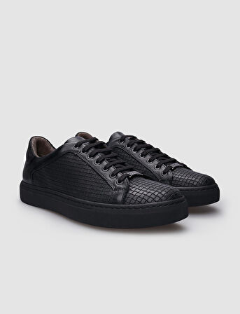 %100 Hakiki Deri Siyah Bağcıklı Desenli Erkek Sneaker