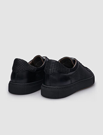 %100 Hakiki Deri Siyah Bağcıklı Desenli Erkek Sneaker