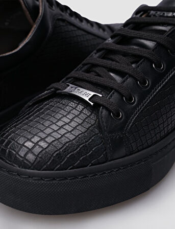 %100 Hakiki Deri Siyah Bağcıklı Desenli Erkek Sneaker
