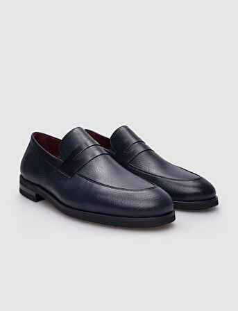 %100 Hakiki Deri Lacivert Bağcıksız Erkek Klasik Ayakkabı