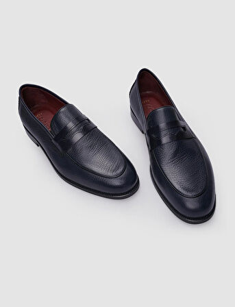 %100 Hakiki Deri Lacivert Bağcıksız Erkek Klasik Ayakkabı