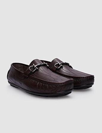 %100 Hakiki Deri Kahverengi Tokalı Desenli Erkek Loafer