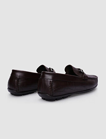 %100 Hakiki Deri Kahverengi Tokalı Desenli Erkek Loafer