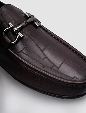 %100 Hakiki Deri Kahverengi Tokalı Desenli Erkek Loafer
