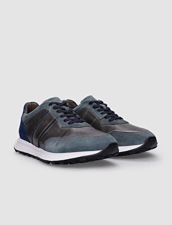 %100 Hakiki Deri Gri Bağcıklı Erkek Sneaker