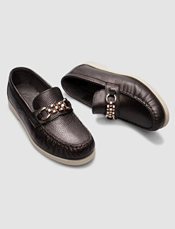 %100 Hakiki Deri Tokalı Kahverengi Kadın Günlük Ayakkabı