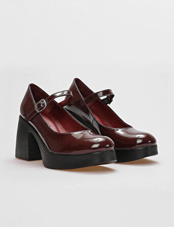 Cabani Hakiki Deri Bordo Rugan Kadın Kalın Topuklu Ayakkabı